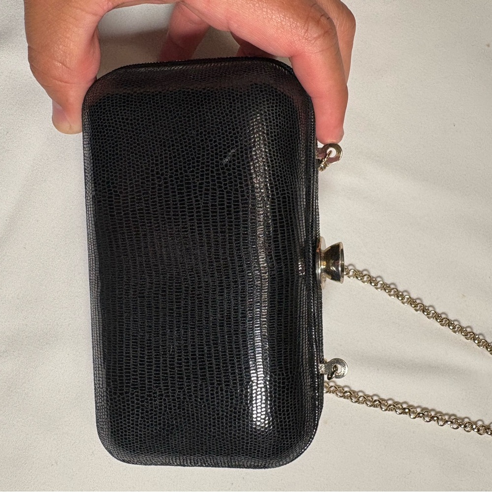 Ann Taylor Black Textured Clutch with gold Chain Strap - Picture 5 of 10